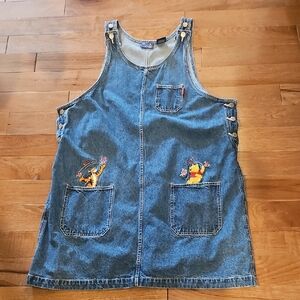 VINTAGE 90'S Disney  Pooh  Blue Denim Overalls/ Dress  with Cartoon Embroidery